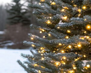 Close-up of Holiday Lights on Outdoor Tree