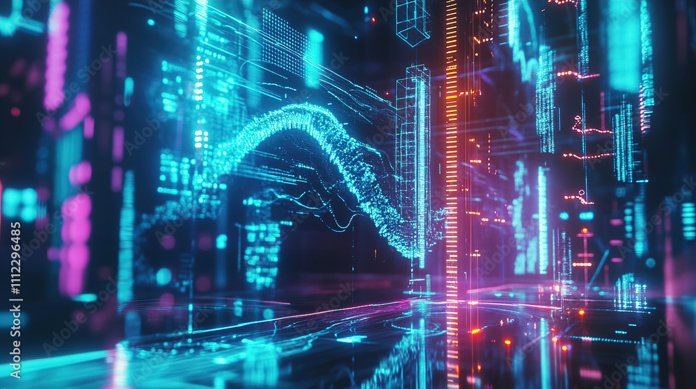 Poster futuristic neon cityscape with glowing data streams and high-tech buildings during a digital landsca