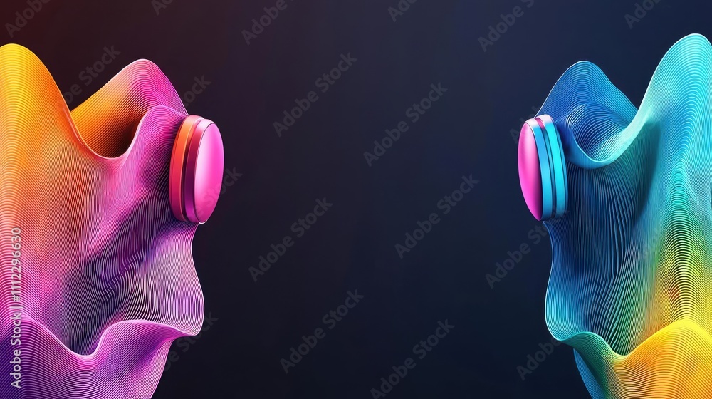 Poster colorful abstract shapes facing each other on a dark background.