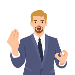 Angry boss manager businessman asking why. Flat vector illustration isolated on white background