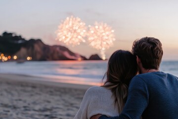 Fototapeta premium This stunning image captures a couple enjoying a breathtaking fireworks display at sunset, symbolizing love, celebration, and togetherness in a picturesque scene.