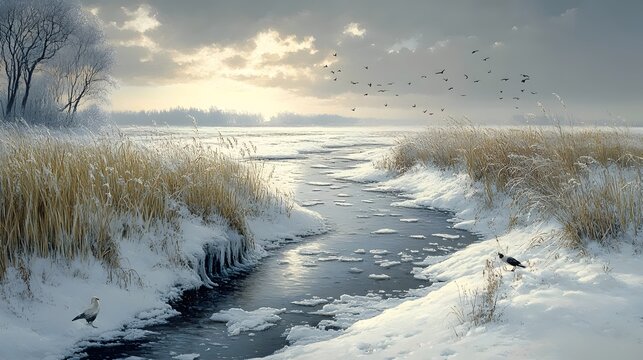 A snowy landscape with a river and birds flying over it