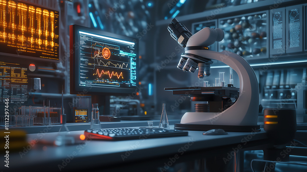 Poster high-tech laboratory setup showcasing a microscope, computer screens, and experimental equipment dur