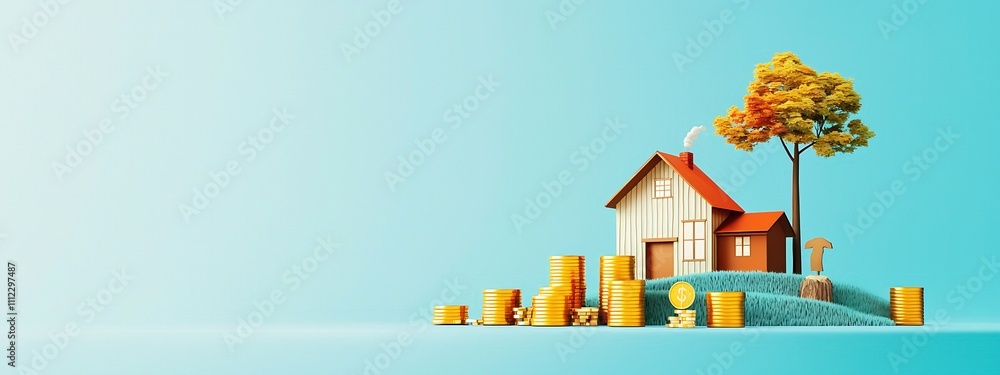 Poster a house with a tree in front of it and a pile of gold coins behind it