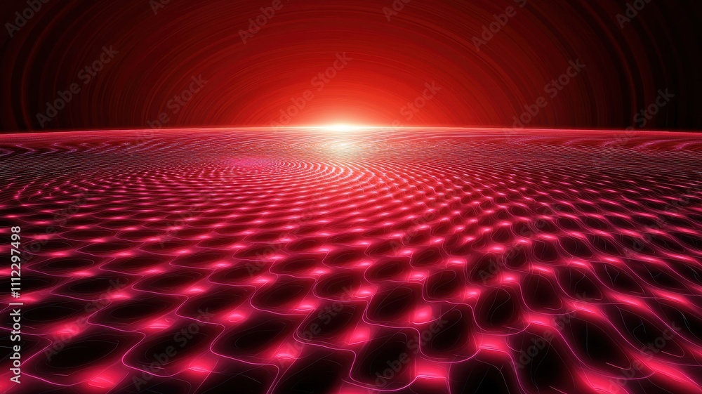 Poster a vibrant digital landscape with a flowing grid pattern, illuminated by a red glow, suggesting depth