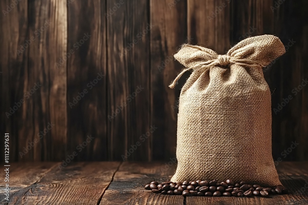 Poster full burlap sack with a tied top sits on a rustic wooden table or floor with some coffee beans spill