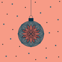 Minimalistyczny wzór bożonarodzeniowej kartki z granatową świąteczną bombką z geometryczną dekoracją i małymi gwiazdkami w nowoczesnym i eleganckim stylu. © Monika
