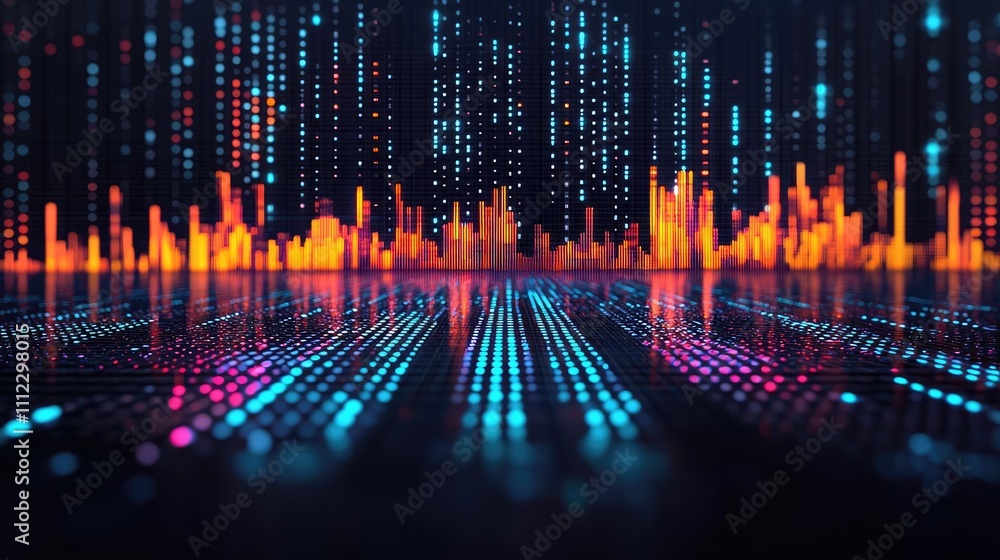 Poster vibrant digital soundwave representation with colorful visualization effects.
