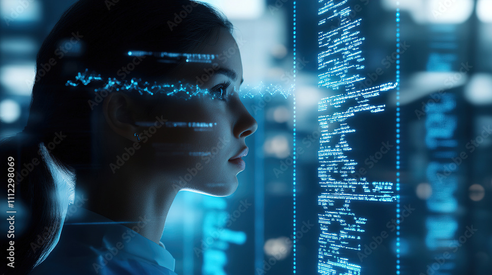 Aufkleber profile of a woman immersed in a digital world with glowing data streams in a futuristic setting. ge