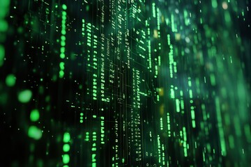 Abstract green digital code streams down. Illustrates data flow, technology, or AI concepts.