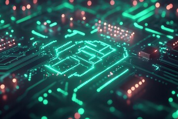 Obraz premium Glowing teal circuit board, intricate design. Ideal for tech, AI, and digital concepts; represents innovation.