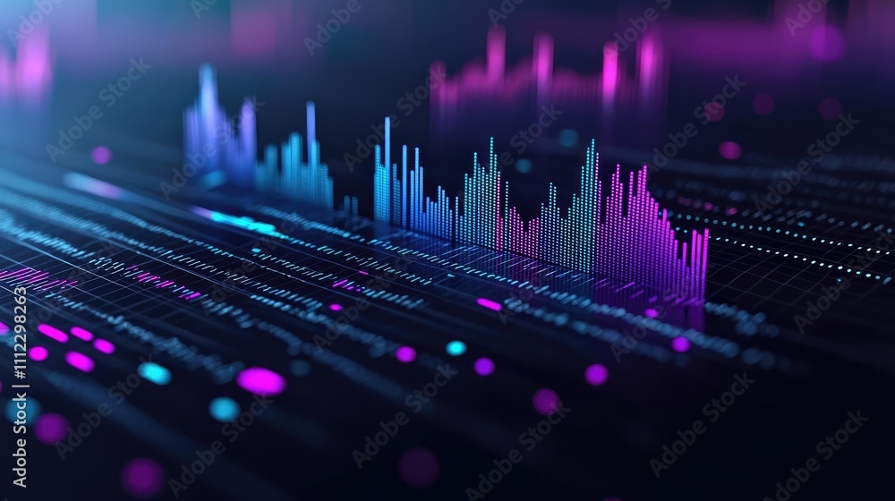 Poster Colorful data visualization with vibrant peaks and glowing lines on a dark background.