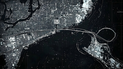 Urban Sprawl: Cityscape Aerial View at Night, Detailed Road Network & Structures