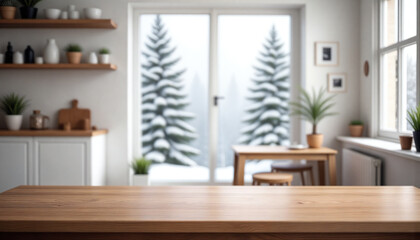 White wooden table on background of blurred kitchen in winter. Image for food blogger, ad campaign, post, banner or billboard. Bg cooking. Cooking in a modern stylish kitchen. Wooden countertop