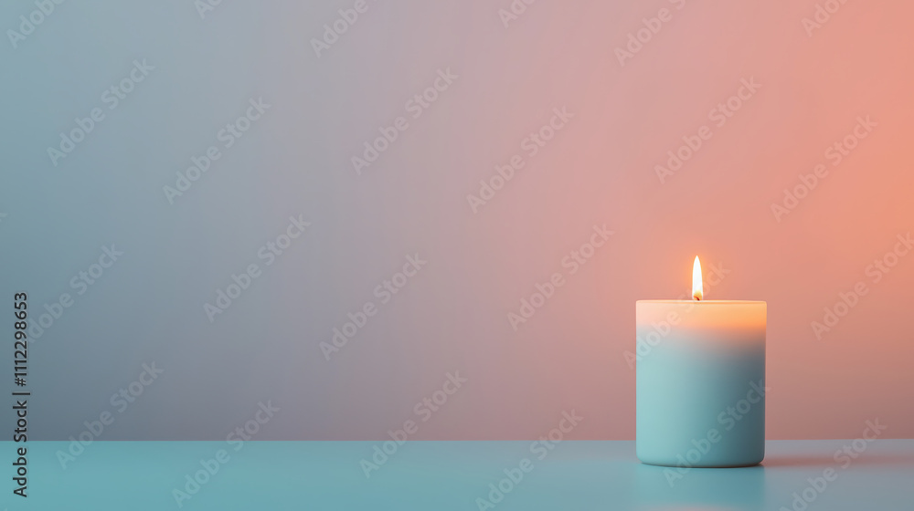 Poster single white candle burning on a pastel gradient background creating a relaxing ambiance