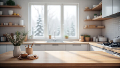 White wooden table on background of blurred kitchen in winter. Image for food blogger, ad campaign, post, banner or billboard. Bg cooking. Cooking in a modern stylish kitchen. Wooden countertop