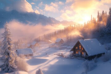 Snow-covered cabins nestled in a mountain valley at sunset, light snow falling. Ideal for winter, holiday, or cozy home themes; evokes peace and warmth.
