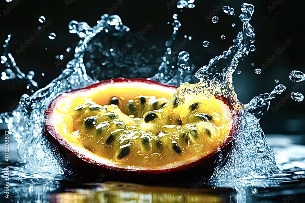 Poster half of a passion fruit splashing in water creating a beautiful splash on a dark background, making 