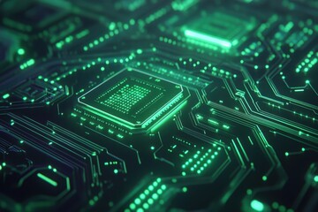 Fototapeta premium Close-up of glowing green circuit board. Illustrates technology, innovation, and computing power.