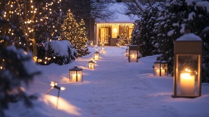 Winter Walkway with Christmas Lighting and Snow