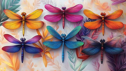 Colorful dragonflies arranged on floral background.
