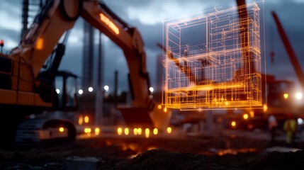 Fototapeta premium Construction site with digital building plan overlaid.