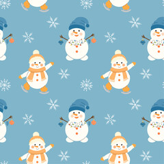 Christmas seamless pattern with a snowman in a hat, scarf and snowflakes. Cute snowman ice skating. Vector winter New Year background. Perfect for textiles, wallpaper or holiday design.