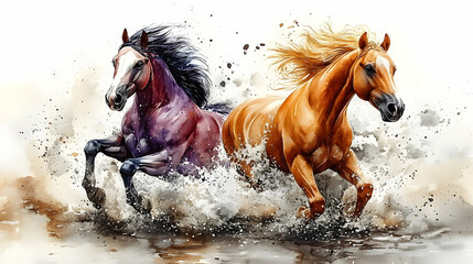 Two Horses Galloping, Water Splashing, Majestic Run, Dynamic Energy, Wild Freedom, Powerful Stride, Breathtaking Scene, Artistic Watercolor, Equine Beauty, Stunning Image.