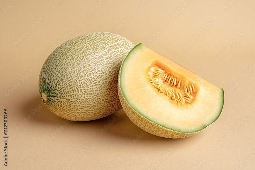 Poster studio shot of a whole and a sliced cantaloupe melon showing its juicy orange pulp and seeds, restin