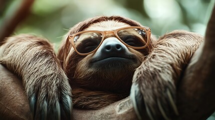 Close-up of a three-toed sloth wearing sunglasses while hanging on a tree branch in a serene forest setting.