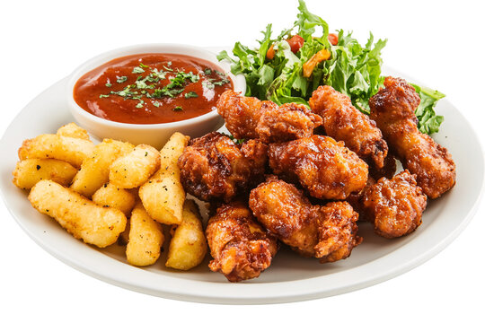 a plate of chicken wings and fries with sauce