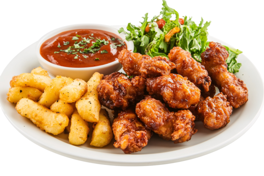 a plate of chicken wings and fries with sauce