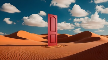 A mysterious red door stands alone in a vast desert under a blue sky. Generative AI
