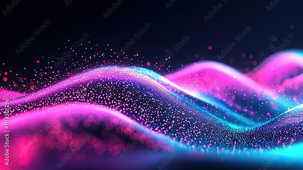 Poster vibrant abstract waves of colorful light and sparkles on a dark background.
