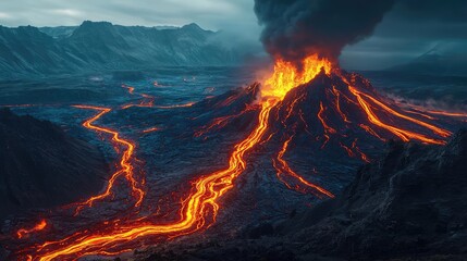 Volcanic eruption with flowing lava, dramatic landscape under a moody sky.