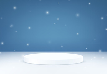 Blue and white background vector 3d with snow and white podium. Christmas background. Space for selling products on the website. Vector illustration.