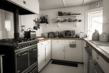 Fototapeta premium Cozy vintage-style kitchen with rustic decor, black stove, wooden countertops, and open shelving.
