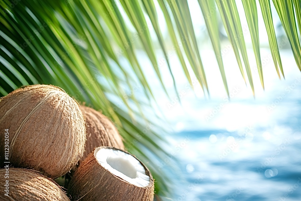 Poster ripe coconuts hanging from a palm tree on a tropical beach create a serene and inviting scene, evoki