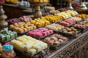 Fototapeta premium Assorted colorful traditional sweets in ornate trays. Showcase of various delectable treats, perfect for cultural or culinary themes.