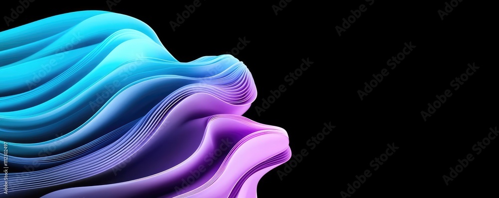 Poster colorful abstract waves in gradient with smooth flow on black background.