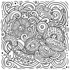 Donuts vector doodles illustration. Sweets poster design. Doughnut elements and objects cartoon background