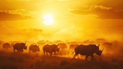 Fototapeta premium Herd of Rhinos Running Through Dusty Savannah at Sunset, Capturing the Majestic Beauty of Wildlife in a Vibrant Orange Glow Against a Natural Backdrop