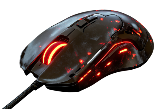 a black computer mouse with red lights