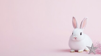 Obraz premium A cute white rabbit sits on a soft pink background, exuding charm and innocence, perfect for spring or Easter-themed decorations.