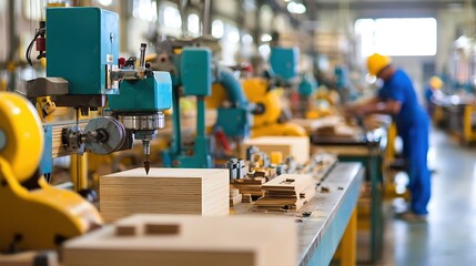 A man in a blue shirt is working on a machine in a factory