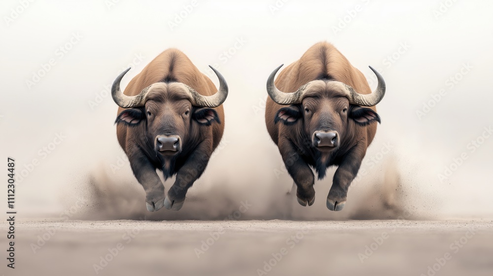Wall mural two buffaloes charging towards the viewer on a dusty landscape with dust clouds trailing behind them
