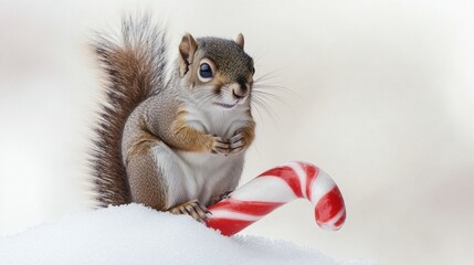 A cute squirrel holds a red and white candy cane while perched on a snowy surface, creating a whimsical winter scene.