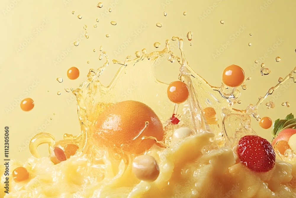 Aufkleber orange, strawberry, and physalis fruits are splashing into fruit puree, creating a dynamic and refre