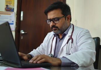 Focused male doctor wearing glasses using laptop in office, engaged in medical work, wearing white coat and stethoscope, healthcare professional at desk