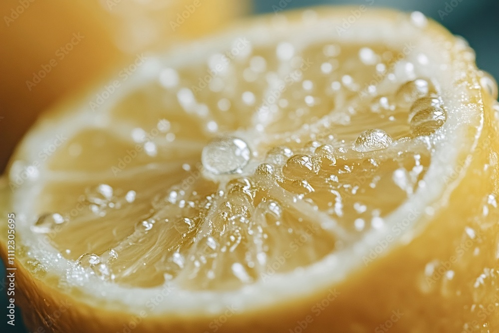 Poster close-up macro photograph capturing the vibrant details of a freshly cut lemon half, glistening with